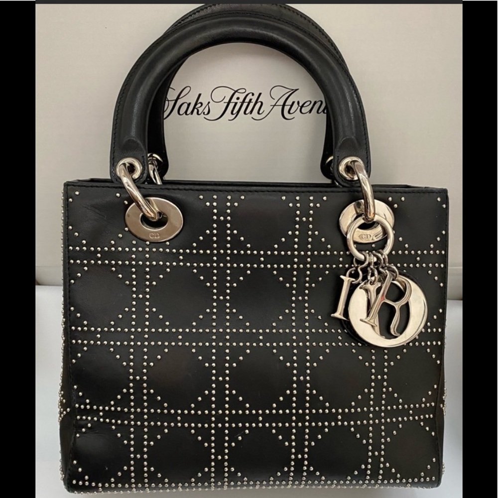 Authentic Christian Dior lady Dior  Studded medium size  black leather handbag